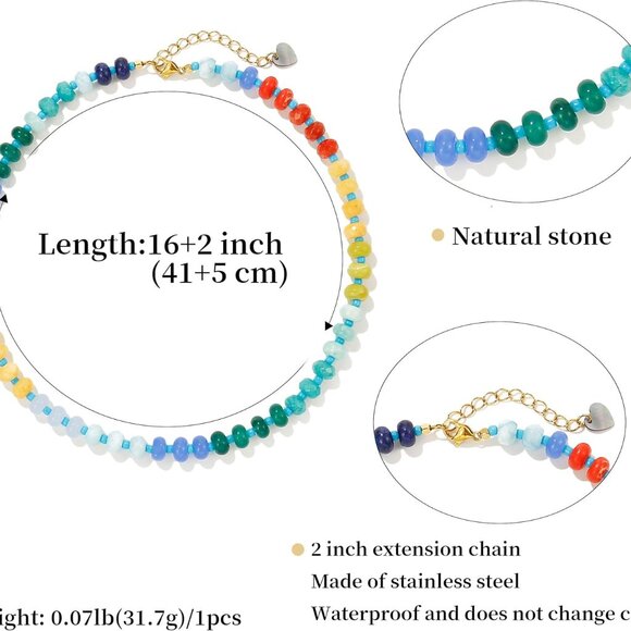 Colorful Gemstone Beaded Necklace Stainless Steel Handmade Rainbow Jewelry - Picture 3 of 7